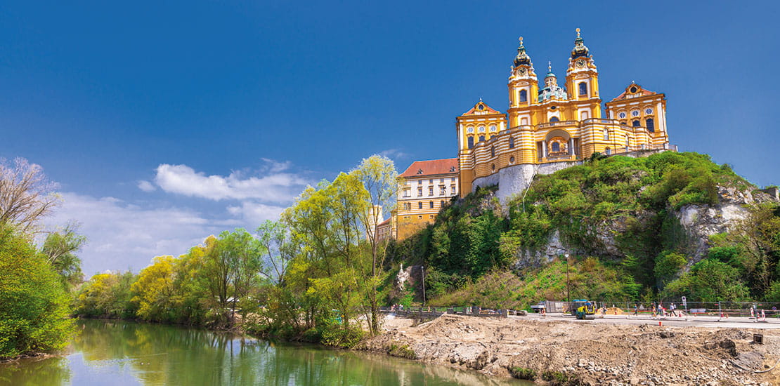 Melk Abbey on a rocky outcrop overlooking the Danube river, Austria